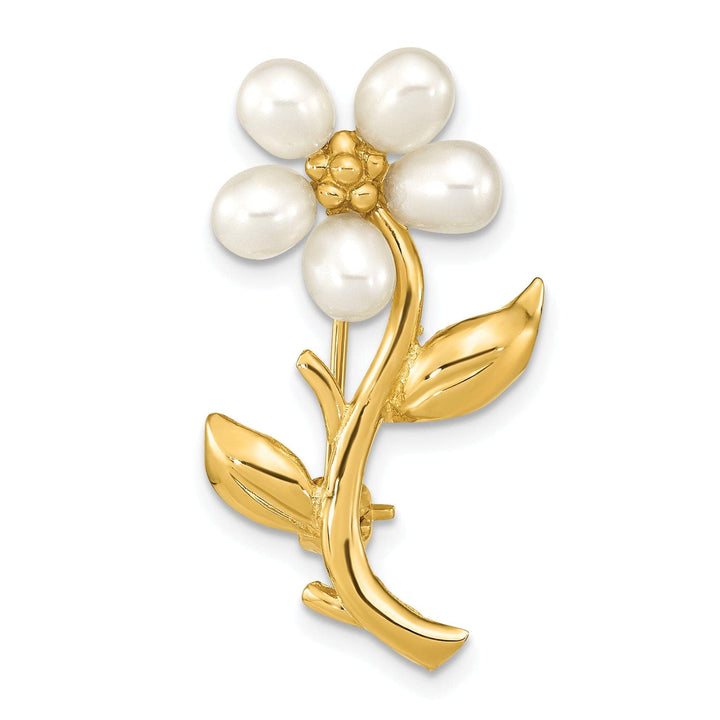 Lovely Rita's Pin 14K Yellow Gold Polished Finish Women's  4-5 mm Size Rice White Freshwater Cultured Flower Design Brooch Pin