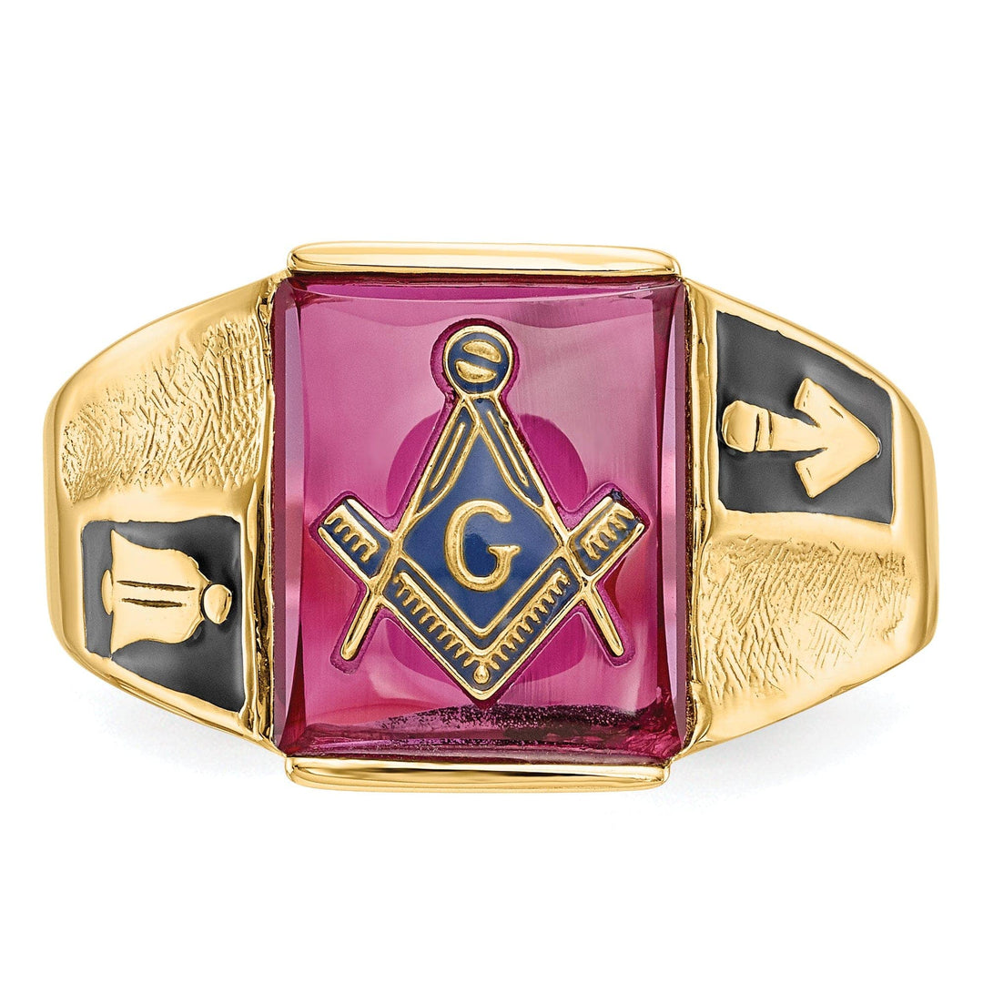 Lovely Rita's Ring 14k Yellow Gold Men's Synthetic Ruby Masonic Ring