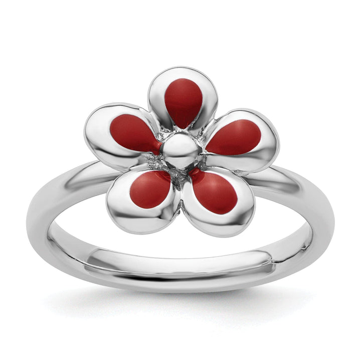 Stackable Expressions Ring Size 5 Sterling Silver Red Enameled Flower Ring