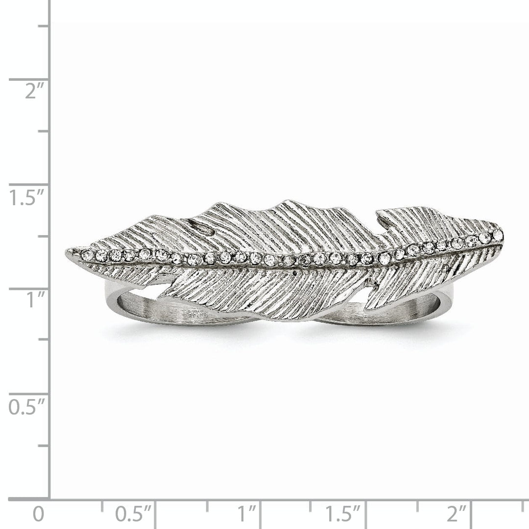 Lovely Rita's Ring Stainless Antiqued Leaf Two Finger Crystal Ring