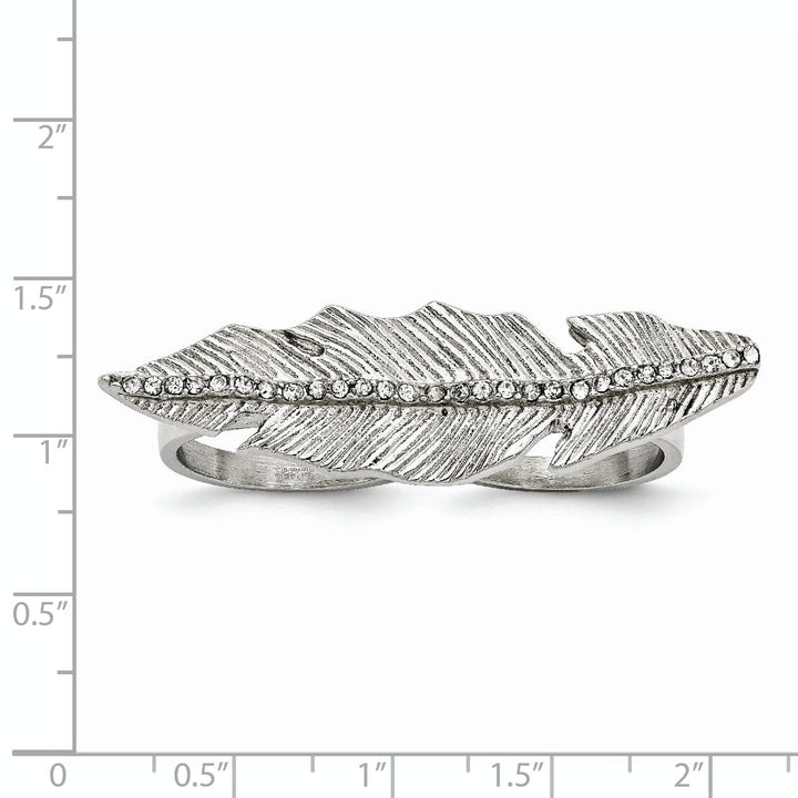 Lovely Rita's Ring Stainless Antiqued Leaf Two Finger Crystal Ring