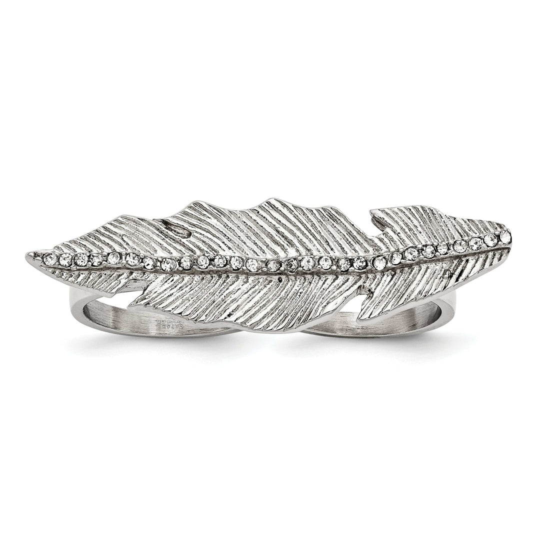 Lovely Rita's Ring Stainless Antiqued Leaf Two Finger Crystal Ring