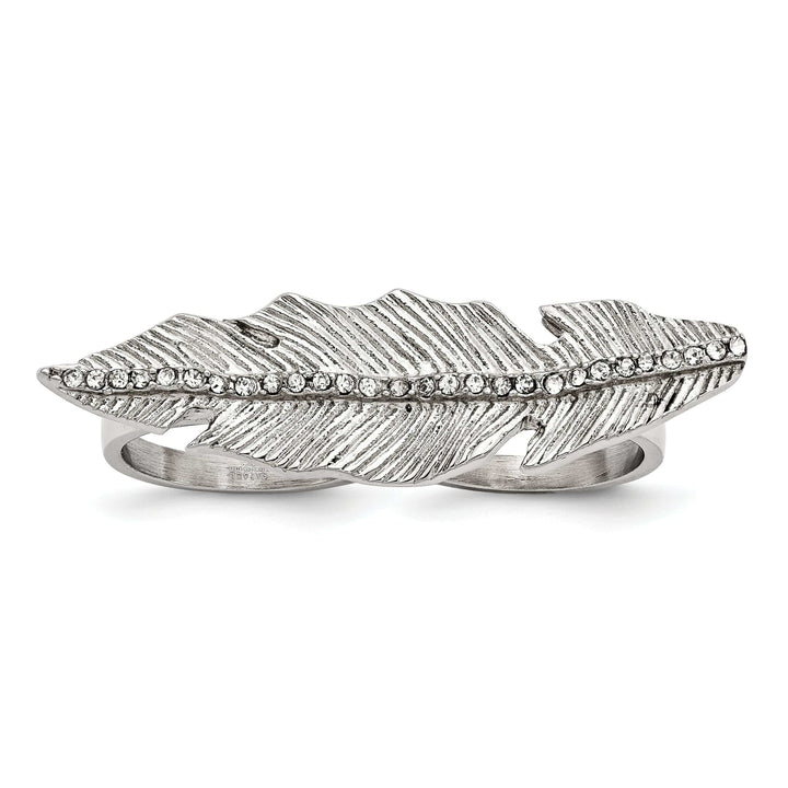 Lovely Rita's Ring Stainless Antiqued Leaf Two Finger Crystal Ring
