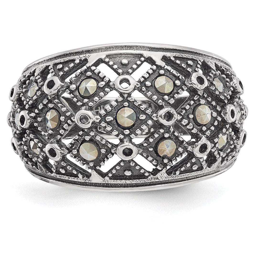 Chisel Ring Stainless Steel Polish Antiqued Marcasite Ring