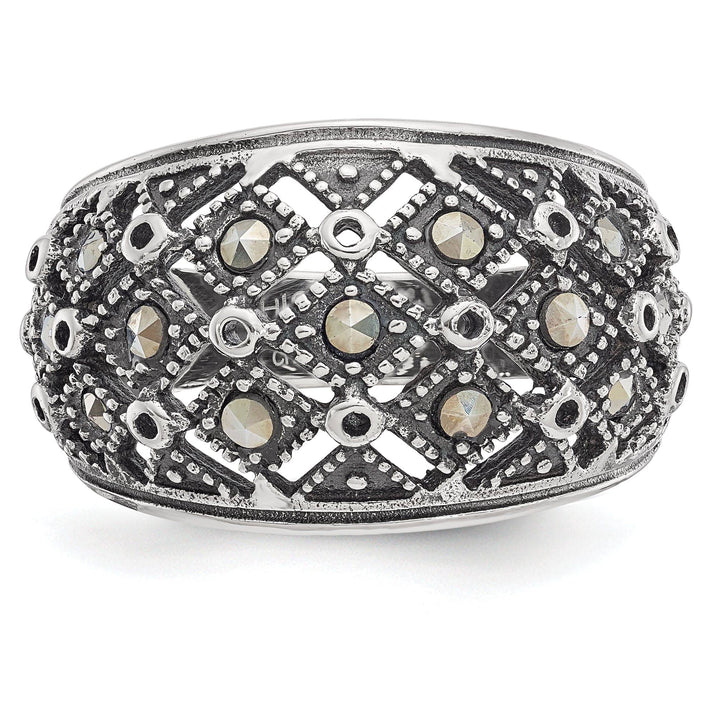 Chisel Ring Stainless Steel Polish Antiqued Marcasite Ring