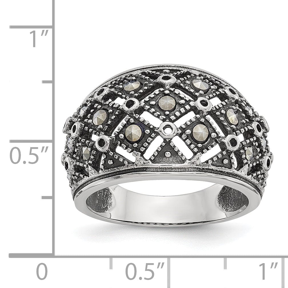 Chisel Ring Stainless Steel Polish Antiqued Marcasite Ring