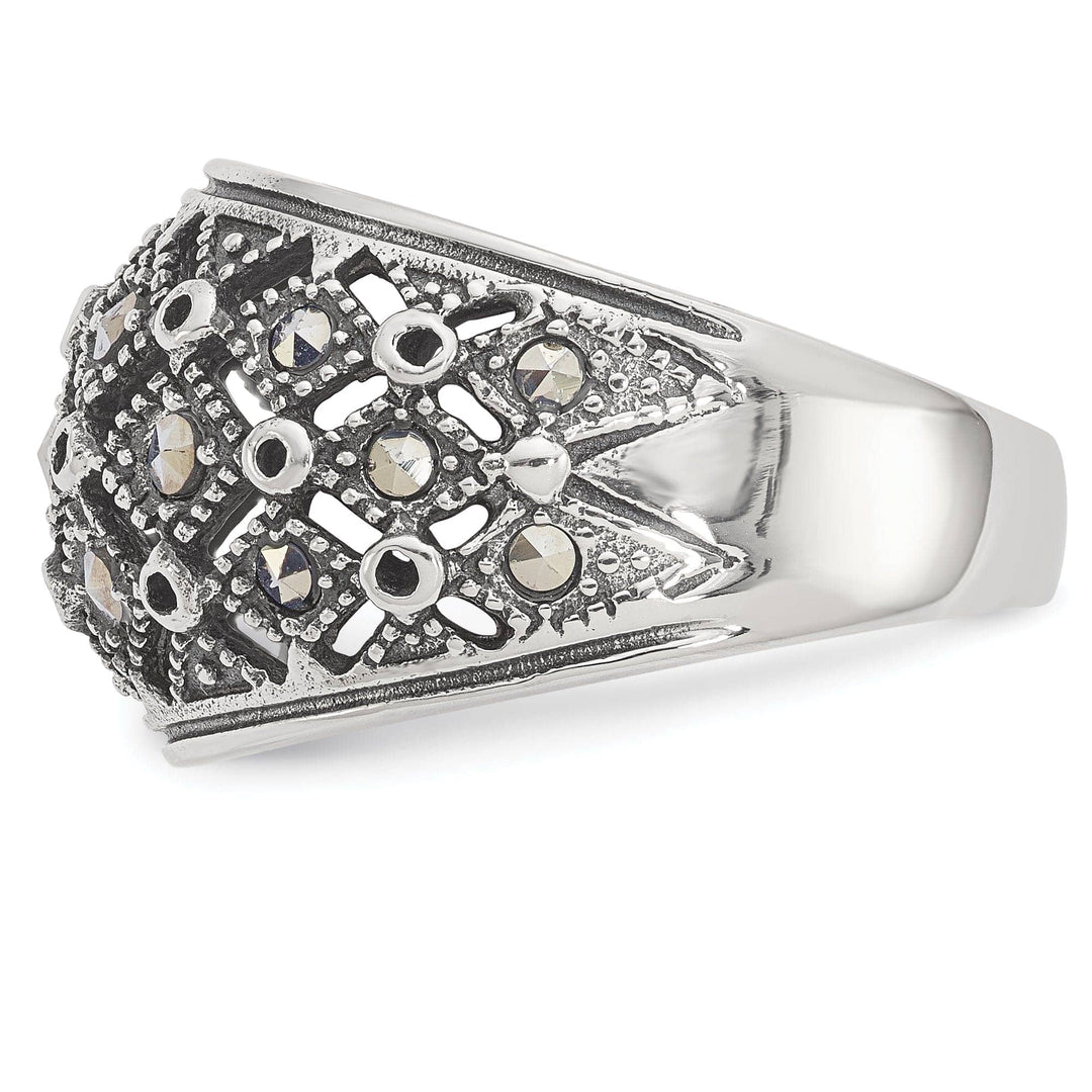 Chisel Ring Stainless Steel Polish Antiqued Marcasite Ring