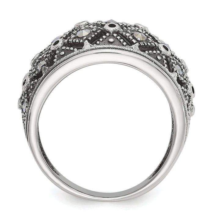 Chisel Ring Stainless Steel Polish Antiqued Marcasite Ring