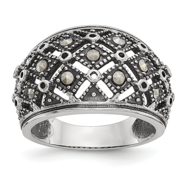 Chisel Ring Stainless Steel Polish Antiqued Marcasite Ring