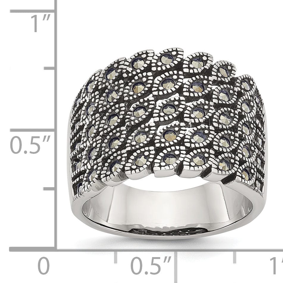 Chisel Ring Stainless Steel Polish Antiqued Marcasite Ring