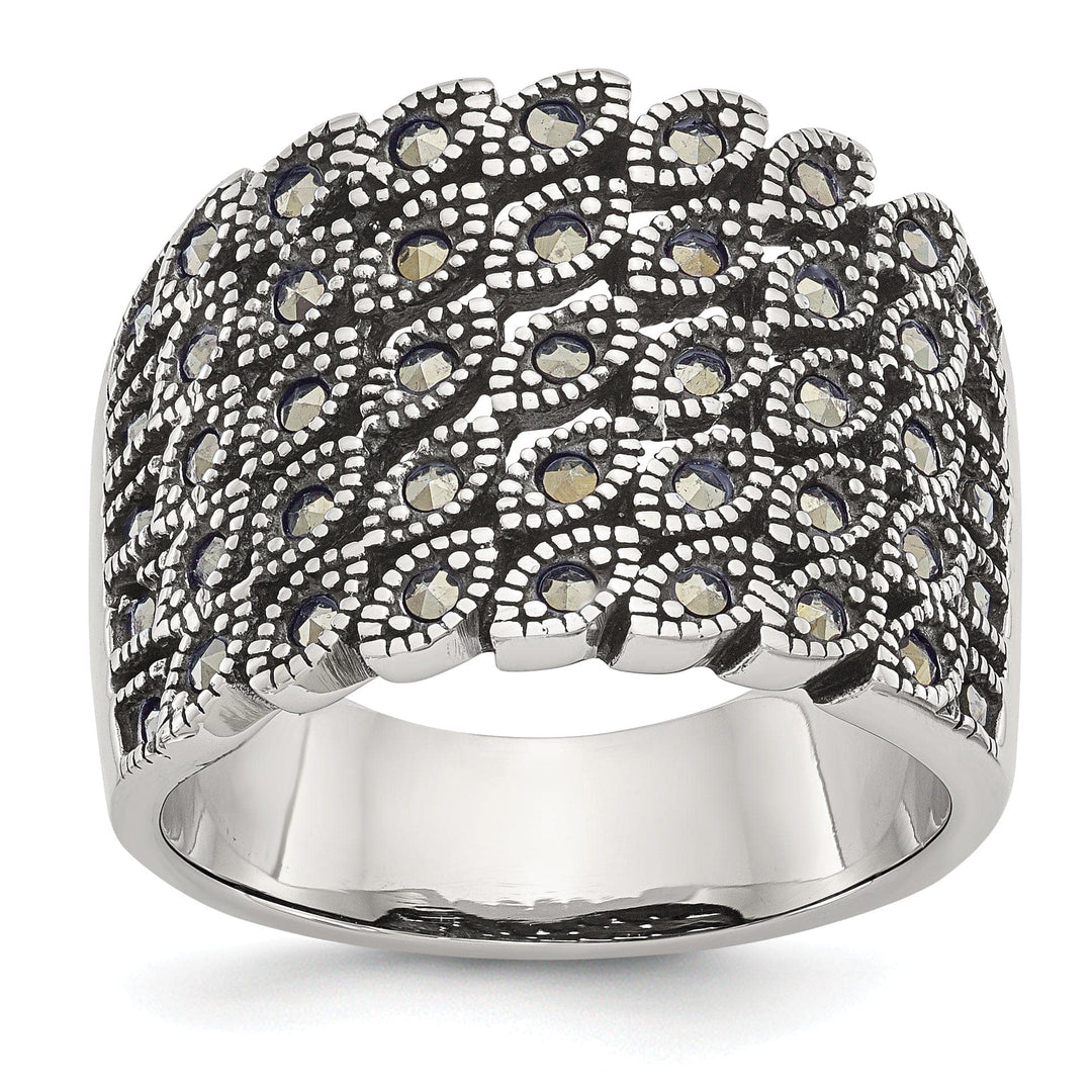 Chisel Ring Stainless Steel Polish Antiqued Marcasite Ring