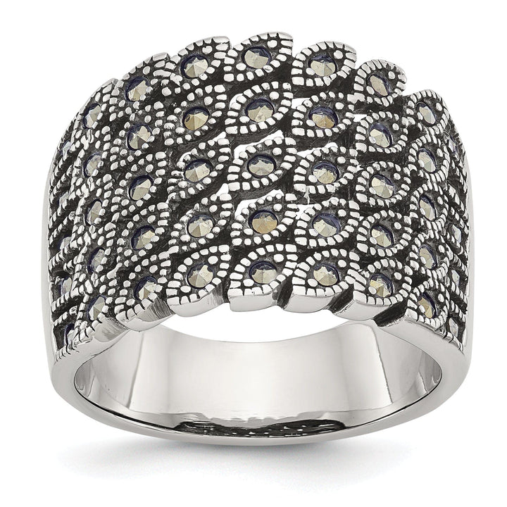 Chisel Ring Stainless Steel Polish Antiqued Marcasite Ring