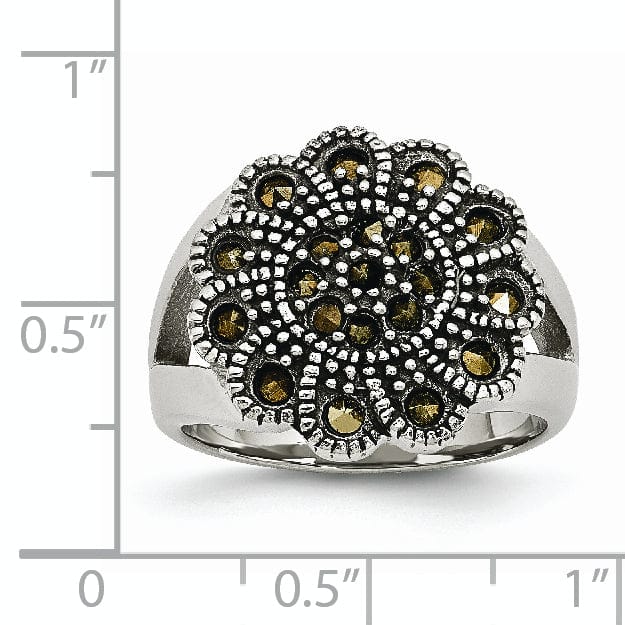 Chisel Ring Stainless Steel Textured Flower Marcasite Ring