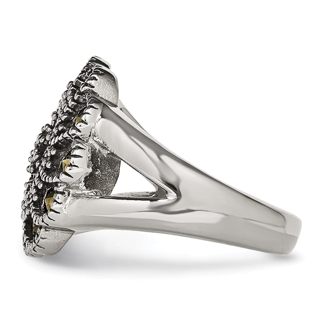 Chisel Ring Stainless Steel Textured Flower Marcasite Ring