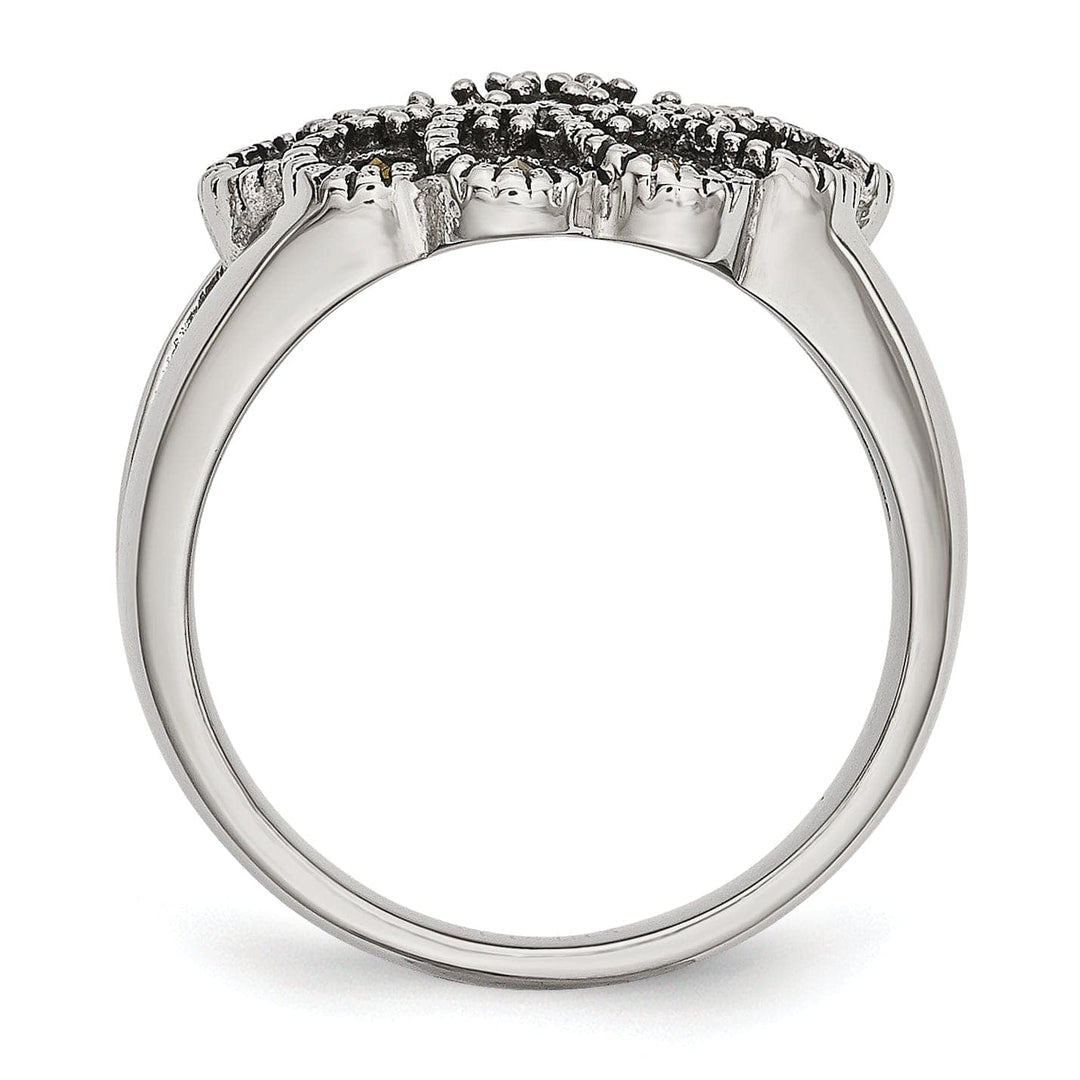 Chisel Ring Stainless Steel Textured Flower Marcasite Ring