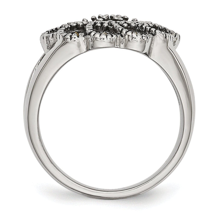 Chisel Ring Stainless Steel Textured Flower Marcasite Ring