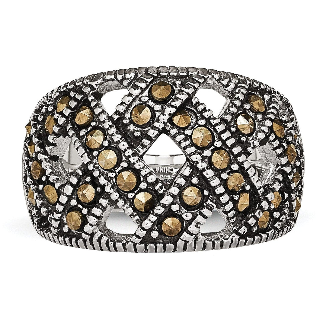 Chisel Ring Stainless Steel Textured Marcasite Ring