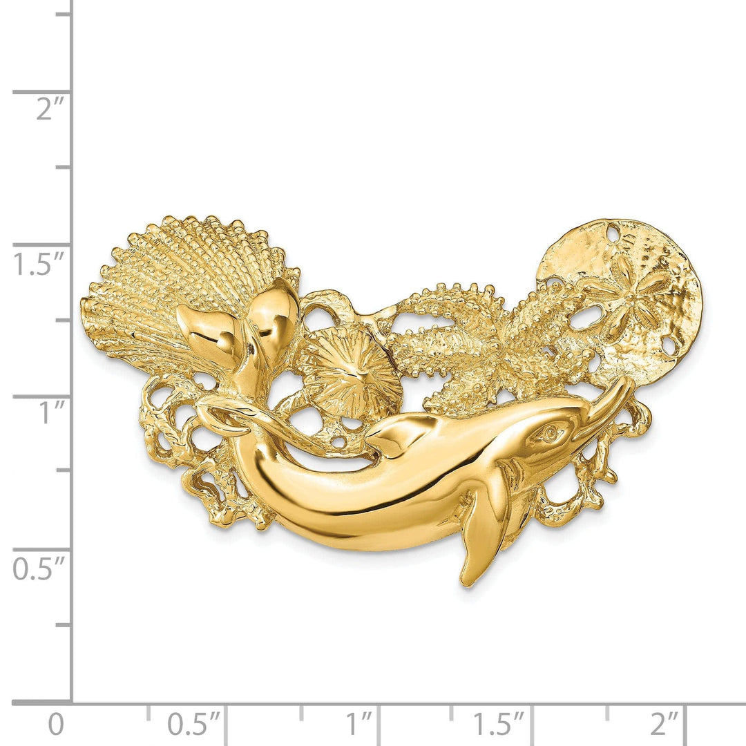 Lovely Rita's Slide 14k Yellow Gold Textured Fits up to 8mm Omega and 10mm Fancy Omega Solid Polished Finish Dolphin and Shell Cluster Slide