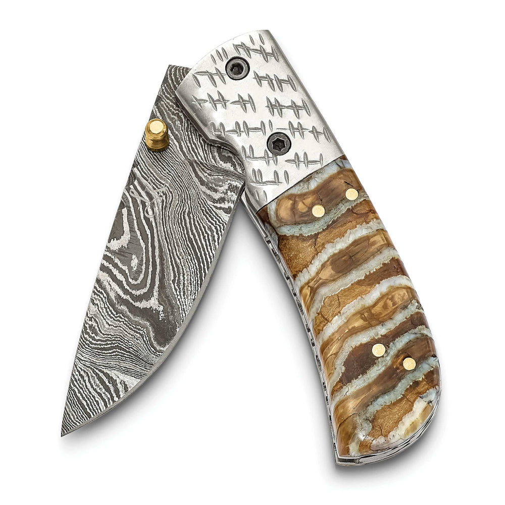 Lovely Rita's Woolly Mammoth Knives Damascus Steel 256 Layer Woolly Mammoth Tooth/Steel Handle Folding Knife