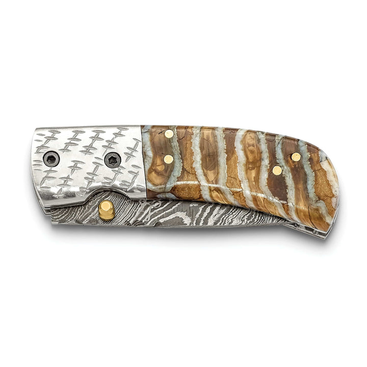 Lovely Rita's Woolly Mammoth Knives Damascus Steel 256 Layer Woolly Mammoth Tooth/Steel Handle Folding Knife