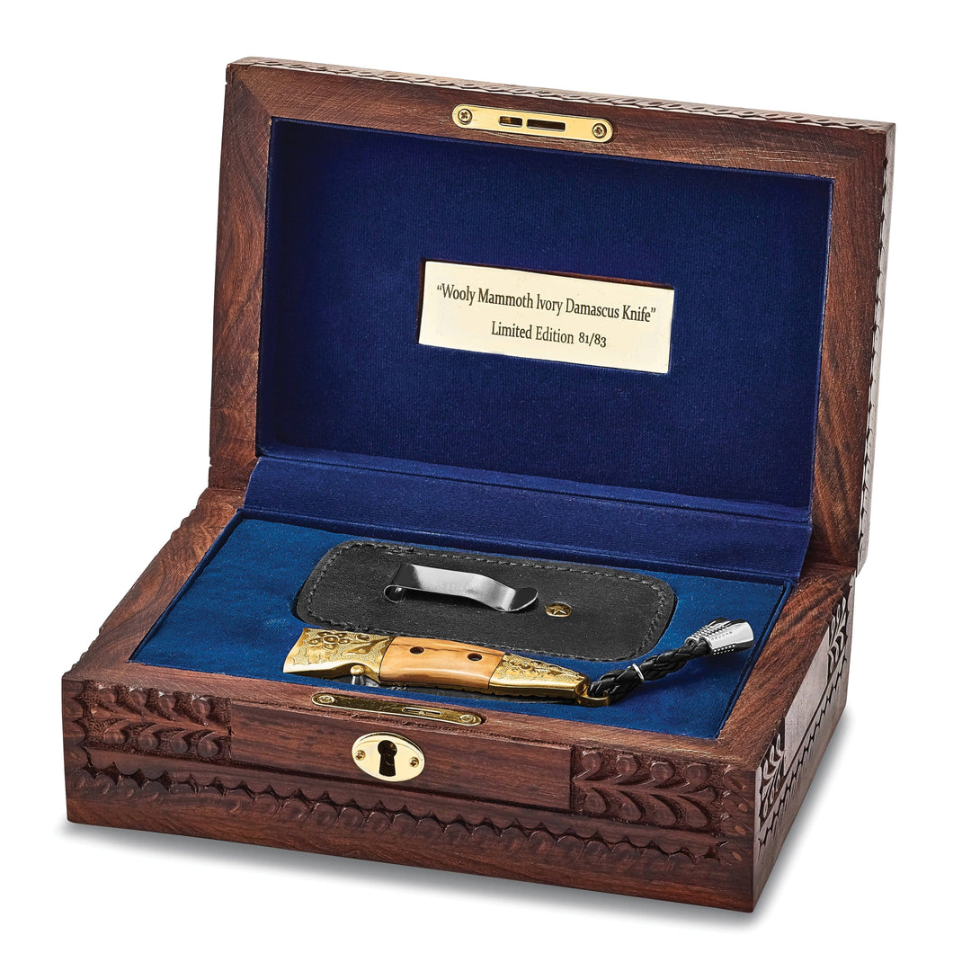 Lovely Rita's Woolly Mammoth Knives Damascus Steel 256 Layer Woolly Mammoth Tusk Ivory and Brass Handle Folding Knife